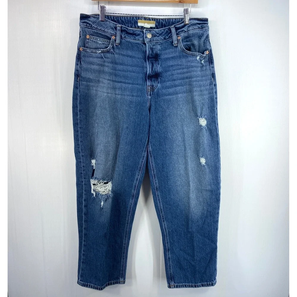 Goldie Blues Brooklyn Relaxed Straight Ankle High Rise Ripped Blue Denim Jean 16